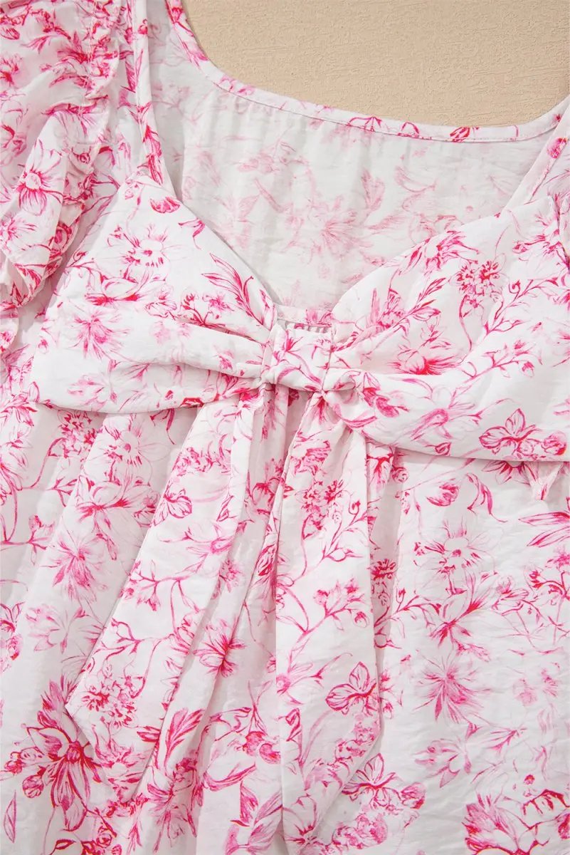 Pink Floral Ruffled Short Sleeve Bow Back Square Neck Blouse - Love Salve